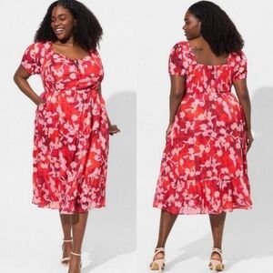 torrid mlti flrl midi drss w bttm ruffl lace up frnt & smckd top SZ 1 babydoll